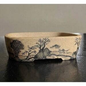 Japanese Bonsai Pot Landscape Painted Tan Stoneware Rectangular 4 Inch